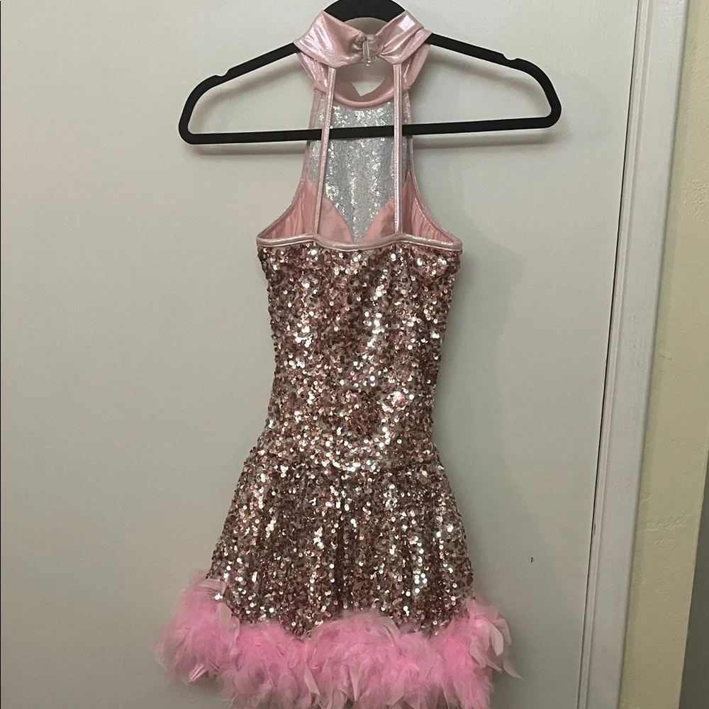 Weissman Pink Sequin Dance Costume with feathers size Adult Small - Picture 5 of 11